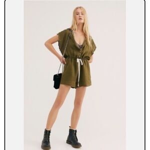 Free People Intimately All Day Linen Romper in Army Green